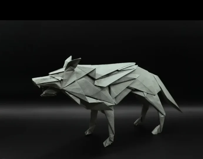 Origami Wolf designed by Tu Kaiming, folded by Tony Chang, using Nature Fold paper (Korean Hanji)