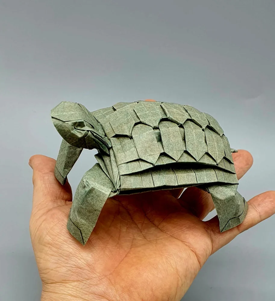 Origami Turtle designed by Red Paper - Wonseon Seo, folded by Red Paper - Wonseon Seo, using Youjeji paper (Green)