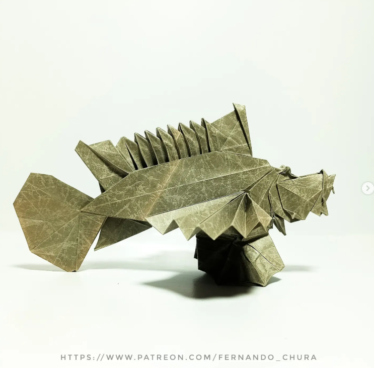 Origami Inimicus didactylus designed by CHURA HUANCA Fernando, folded by Chura Huanca Fernando, using LEATHAC ROUKETSU paper (Grey)