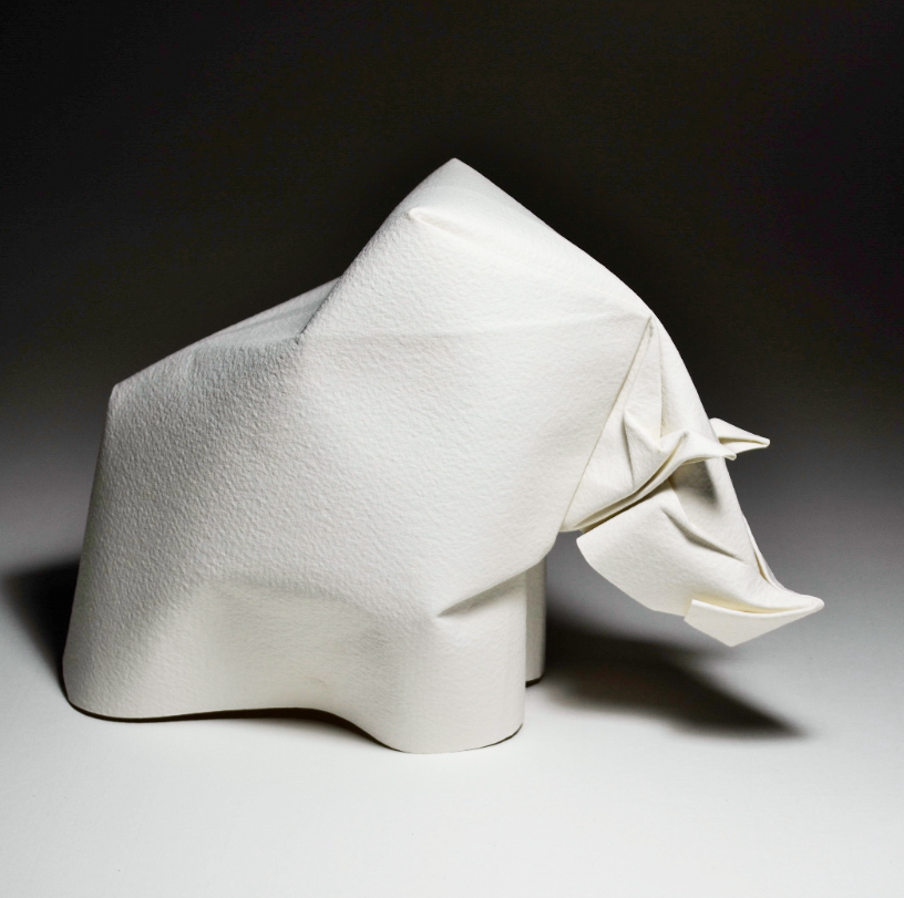 Origami Rhino designed by Hoàng Tiến Quyết, folded by Hoàng Tiến Quyết, using ARCHES paper (Rought (Torchon) - 300 gsm)