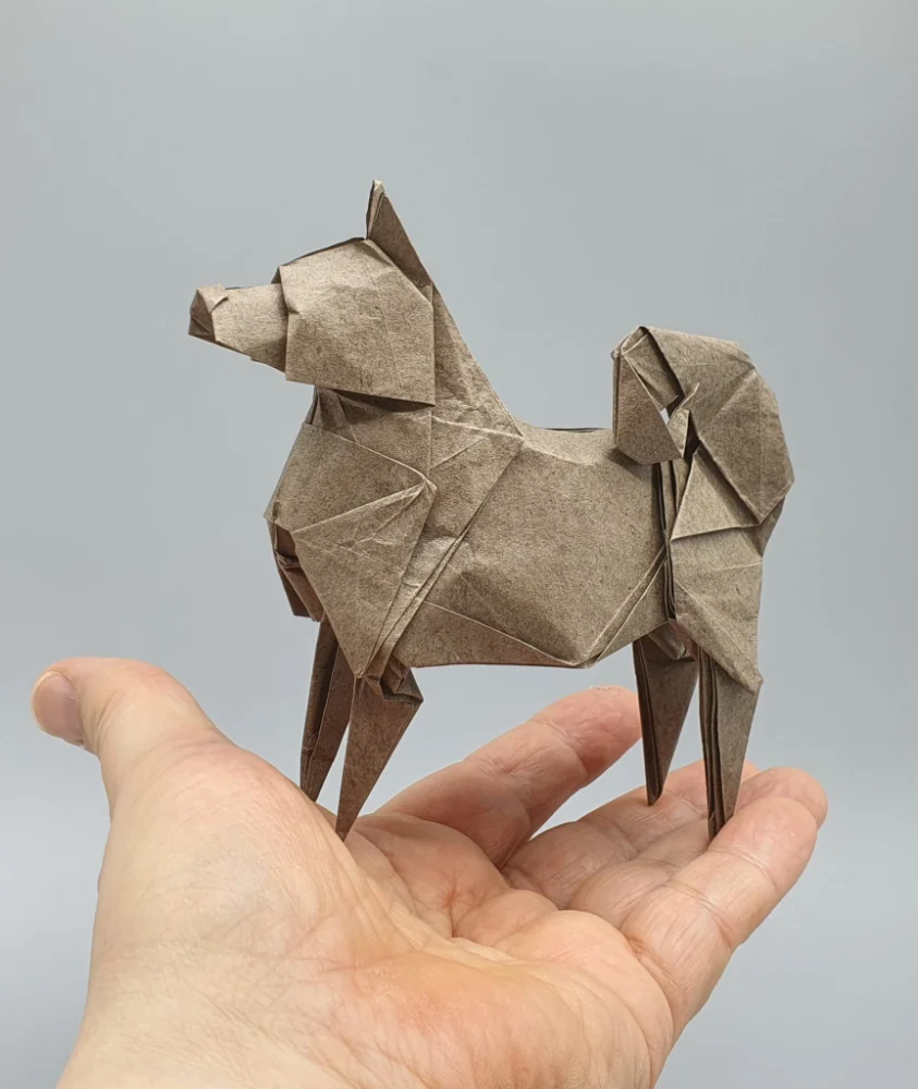 Origami Dog designed by Red Paper - Wonseon Seo, folded by Red Paper - Wonseon Seo, using Youjeji paper (Brown)