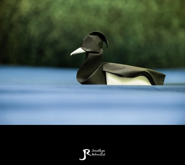 Origami Tufted Duck designed by Rebouillat Jonathan, folded by Rebouillat Jonathan, using ARCHES paper (Painted on one side)