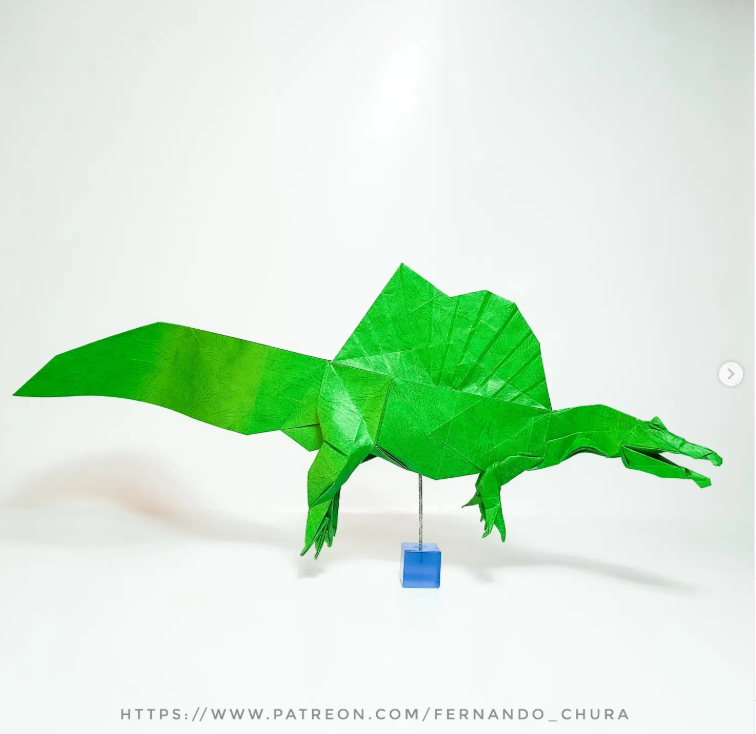 Origami Spinosaurus 2 designed by CHURA HUANCA Fernando, folded by Chura Huanca Fernando, using Golden River paper (Green)
