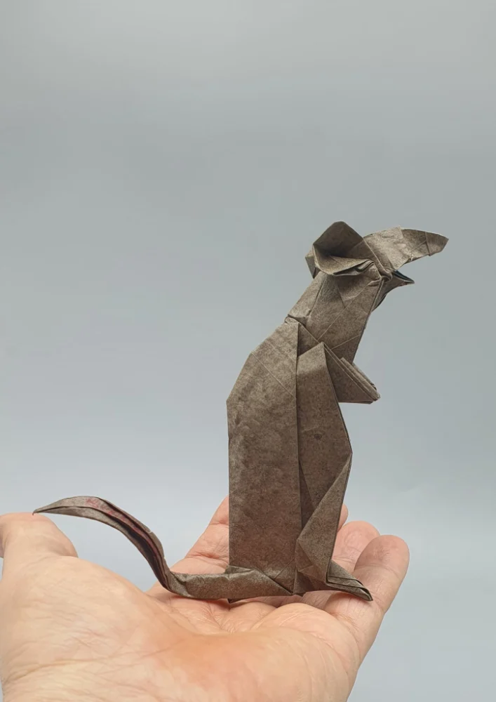 Origami Rat designed by Red Paper - Wonseon Seo, folded by Red Paper - Wonseon Seo, using Youjeji paper (Dark Brown)