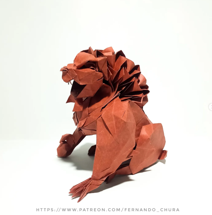 Origami Stone Lion designed by CHURA HUANCA Fernando, folded by Chura Huanca Fernando, using Satogami paper (Red)