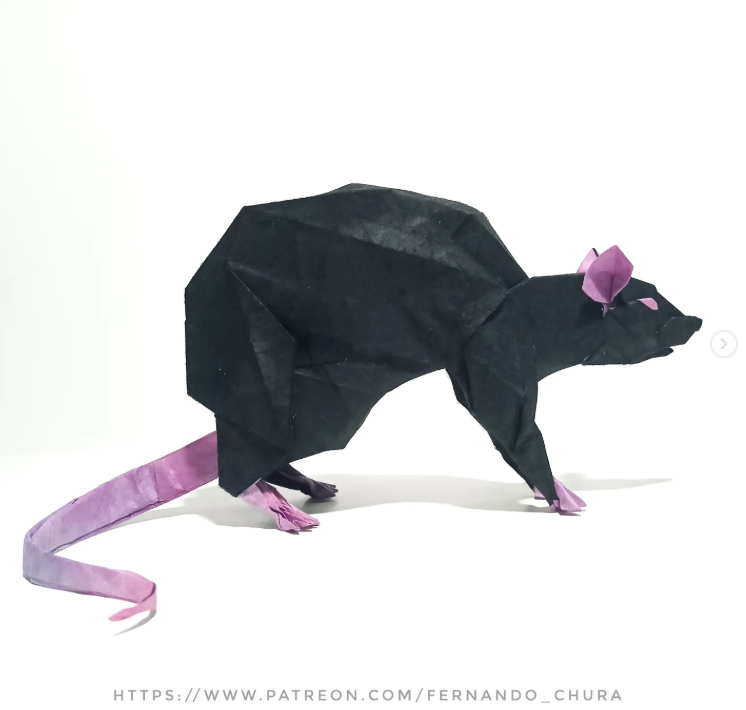 Origami Rat designed by CHURA HUANCA Fernando, folded by Chura Huanca Fernando, using Shadow Thai paper (#28 BLACK / PINK VIOLET)