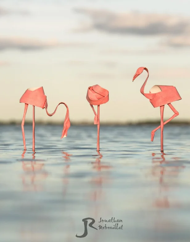 Origami Pink Flamingos designed by Rebouillat Jonathan, folded by Rebouillat Jonathan, using ARCHES paper