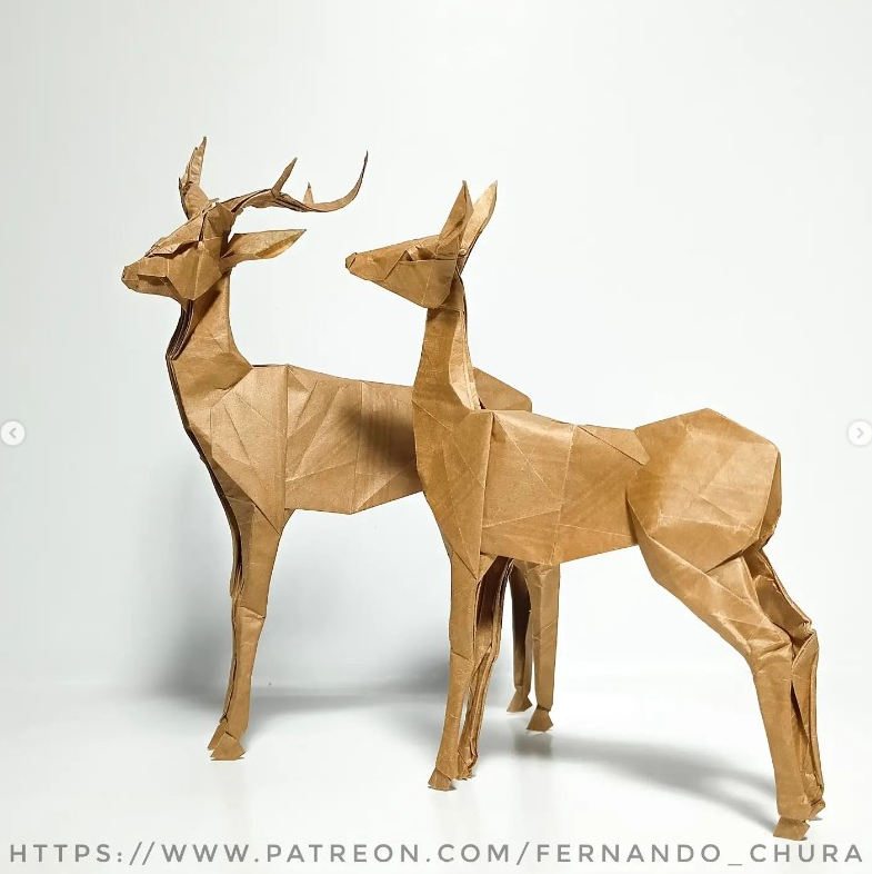Origami Deers designed by CHURA HUANCA Fernando, folded by Chura Huanca Fernando, using Kraft Alios paper