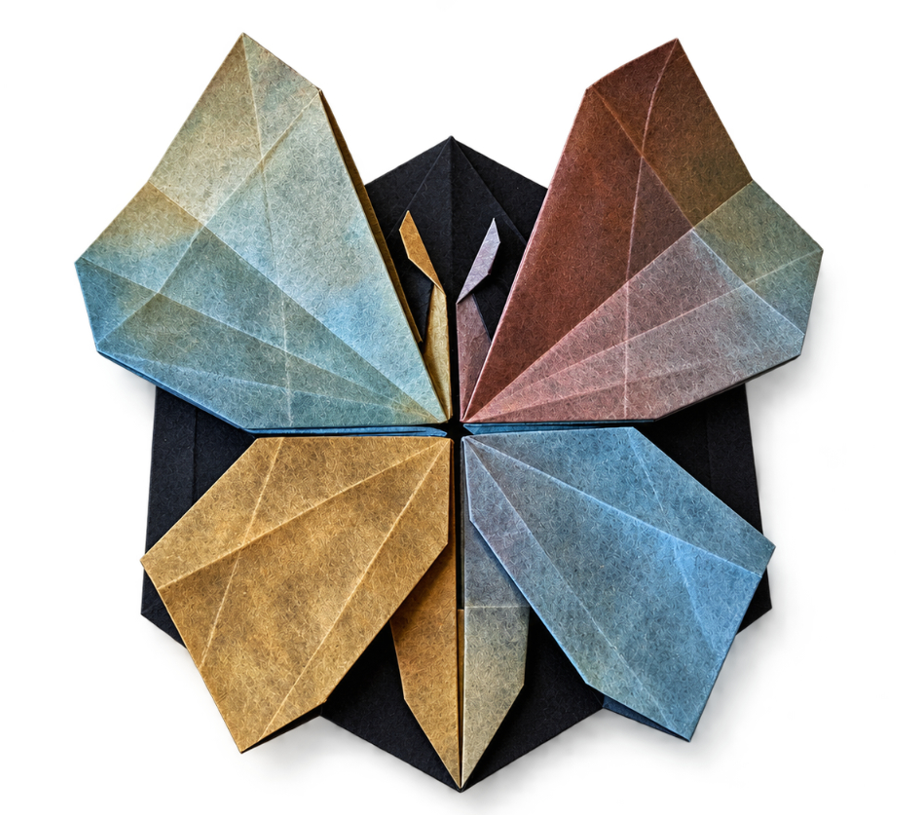 Origami Butterfly Badge designed by Mi Wu, using Shadow Thai paper (#06 BLACK / AMBER BLUE PINK)