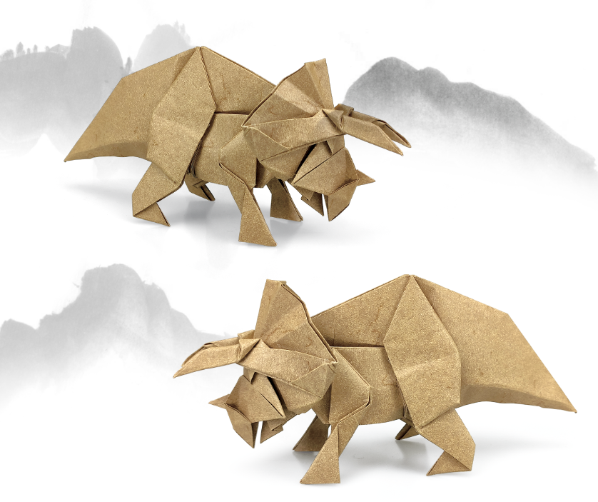 Origami Triceratops designed by Meng Weining, folded by Meng Weining, using Elephant Hide paper (Brown)