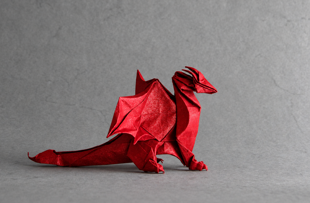 Origami Western Dragon designed by Red Paper - Wonseon Seo, folded by TERRY Nicolas, using Sandwich paper