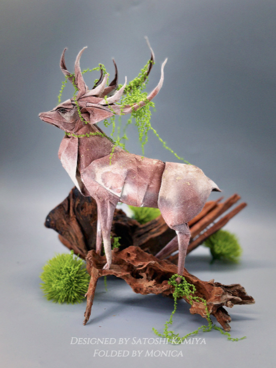 Origami Deer designed by Satoshi Kamiya, folded by Monica Xing Gao, using Luminous Thai paper (#17 WHITE / BROWN WHITE)
