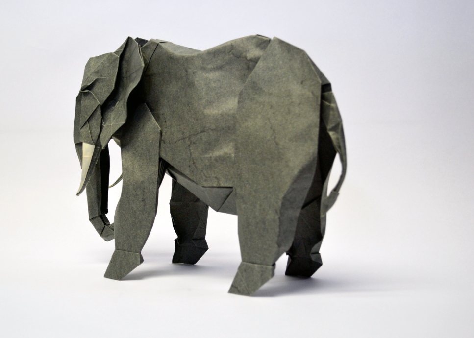 Origami African Elephant designed by Shuki Kato, folded by Shuki Kato, using Elephant Hide paper (Anthracite)